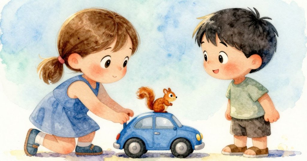 特寫展示藍色玩具車上平衡的小松鼠, 尾巴上有細微蠟狀塵屑, 燦爛光線中呈現精細細節, 引人注目