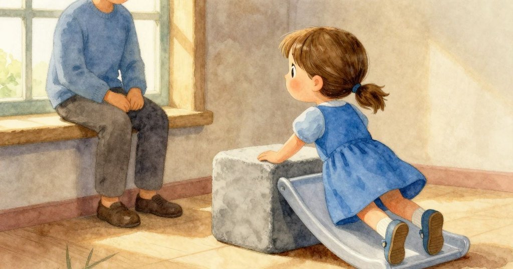 從Xanthe背後視角見她滑過灰色大積木, 窗邊有另一人物靜候, 陽光柔和灑入, 氣氛溫馨充滿期待