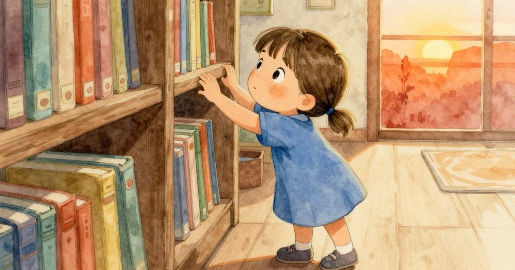 Xanthe到達高處書架邊緣, 從高處俯瞰細膩室內, 陽光柔和灑入, 神情平靜思考後轉身返回