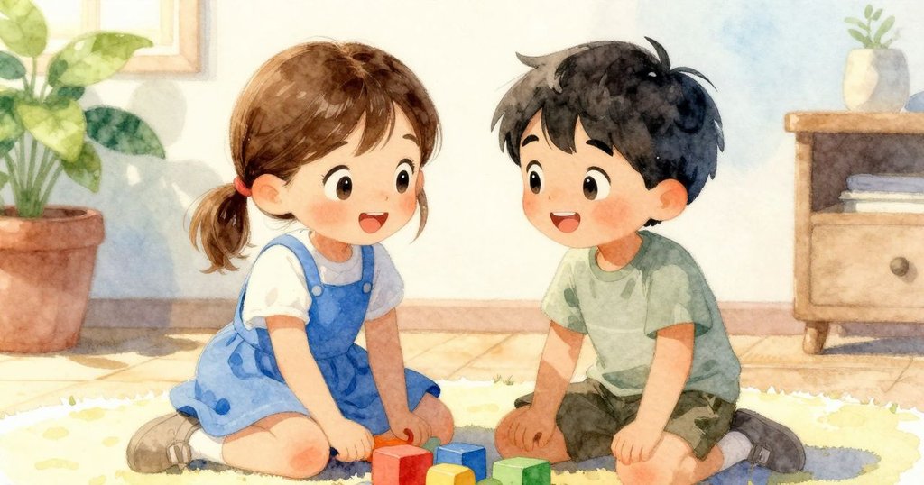 Xanthe與另一小孩在玩具間共享快樂時刻, 另一孩輕觸玩具熊, 彼此對望展露滿足笑容, 室內光線溫暖柔和