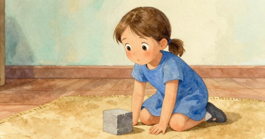 Xanthe回到起點再次跪於地墊上, 背後灰色積木上細線似房屋輪廓, 室內光線柔和, 神情滿足平靜結束冒險