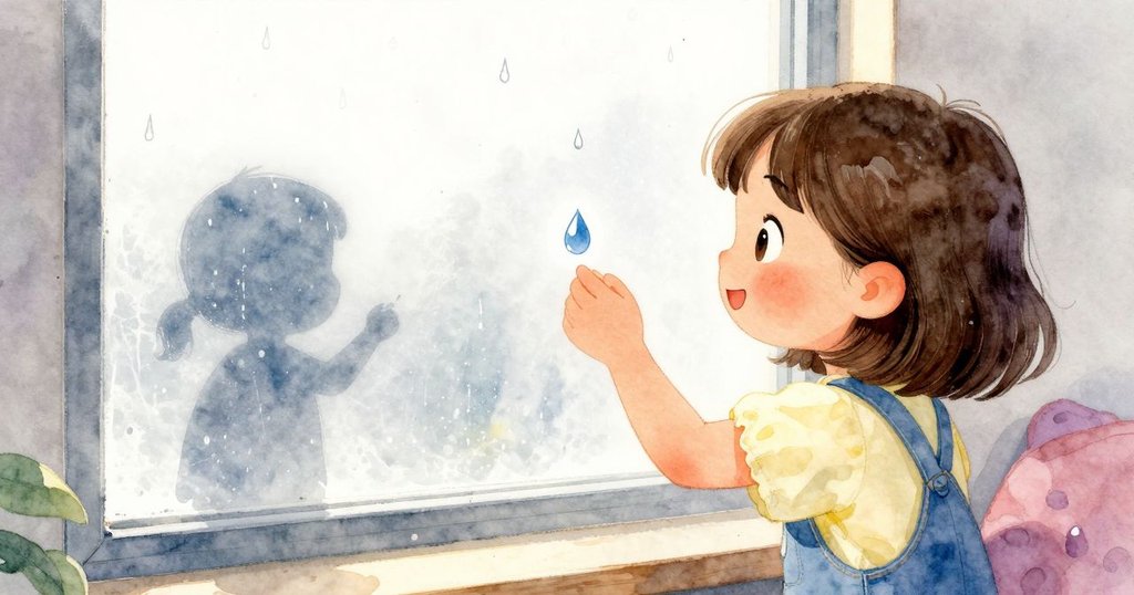 Nell站在靠墊上,背對著明亮雨滴滑落的霧窗,輪廓分明,展現期待與神秘氣氛