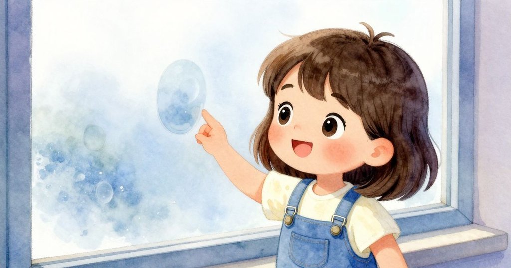 Nell小心地舉起貼紙對準起霧玻璃,玻璃上低位橢圓霧痕隱現,透露期待與好奇