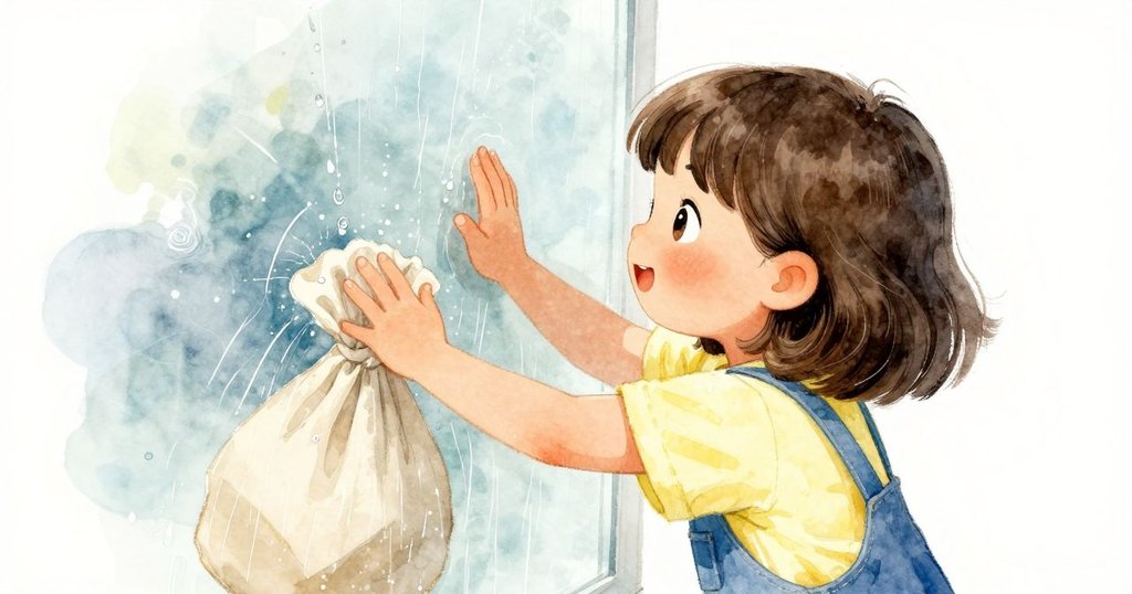 Nell動作敏捷地用乾市集袋拍打濕玻璃,水珠隨之滑落,畫面充滿活力與決心