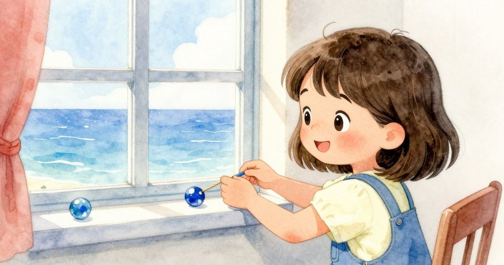 Nell成功把貼紙貼上霧窗後滿意微笑,隨即亮藍彈珠掉落窗台,畫面充滿溫馨與告別意味