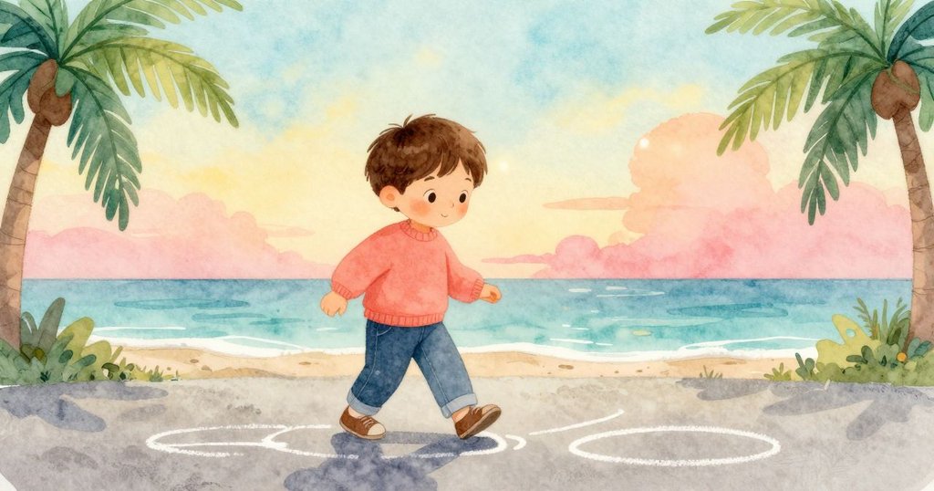 故事角色Narrator在溫暖房內輕步踏過地毯,發現微弱粉筆痕跡,神情沉思入靜謐早晨。