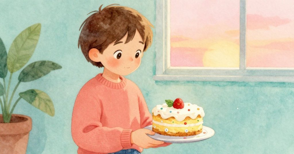 故事角色Narrator的手仔細取看錫罐上貼有笑臉廚師的貼紙及粉紅蛋糕圖案,畫面細膩呈現質感。