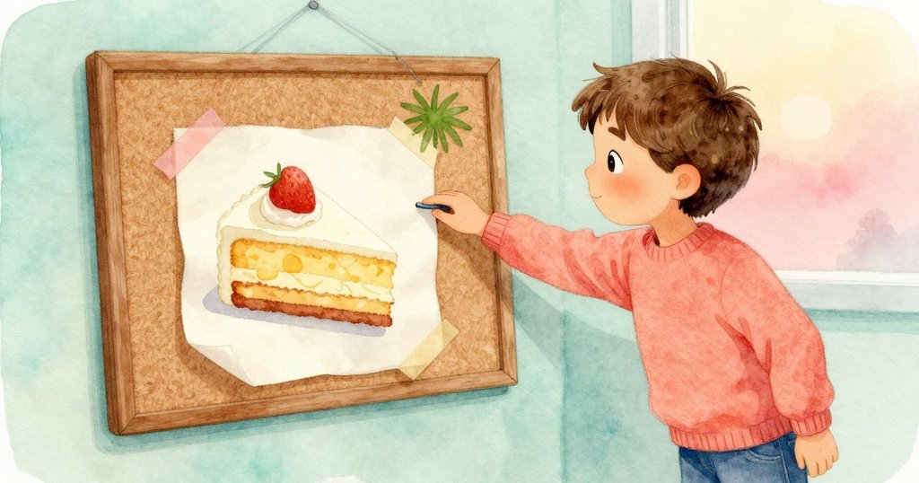 從高角度俯視,Narrator側身揭開紙張摺痕,使隱藏的蛋糕圖完整顯現,滿懷驚喜。