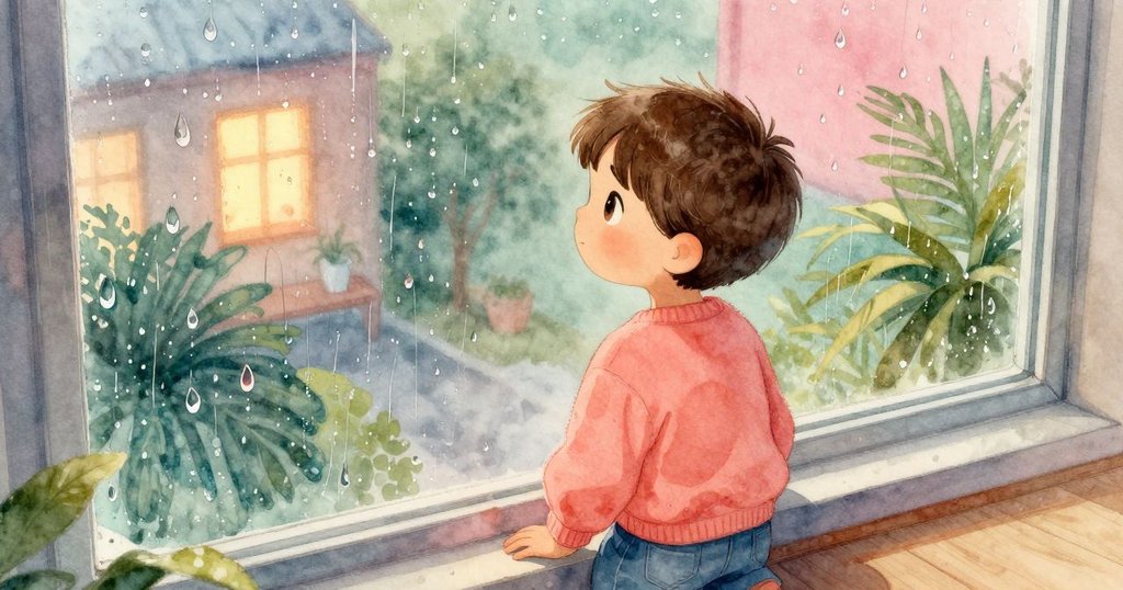 從高處觀察,Narrator背景中窗外雨滴急速滑落,室內柔和光線映襯出清晨淡雅氛圍。