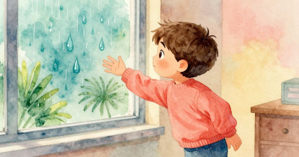 Narrator伸手追逐搖晃雨滴,動態捕捉快樂與期待,畫面生動充滿溫暖活力。