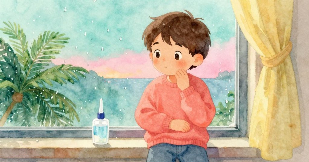 Narrator沉思中凝視明澈膠水與窗上緩敲雨滴,畫面靜謐且溫柔送別流逝時光。