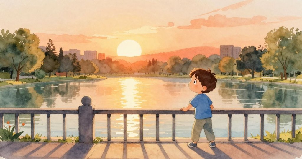 Wade站在公園欄杆旁，輪廓在明亮日光下顯現，背景有湖面反光和寧靜氣氛，展現故事開端