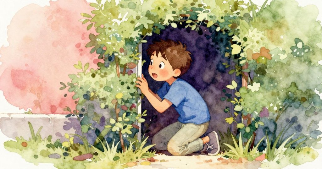 Wade彎腰透過綠色灌木縫隙觀察外面，展現好奇目光，猶如透過窗戶看見戶外冒險，氛圍柔和