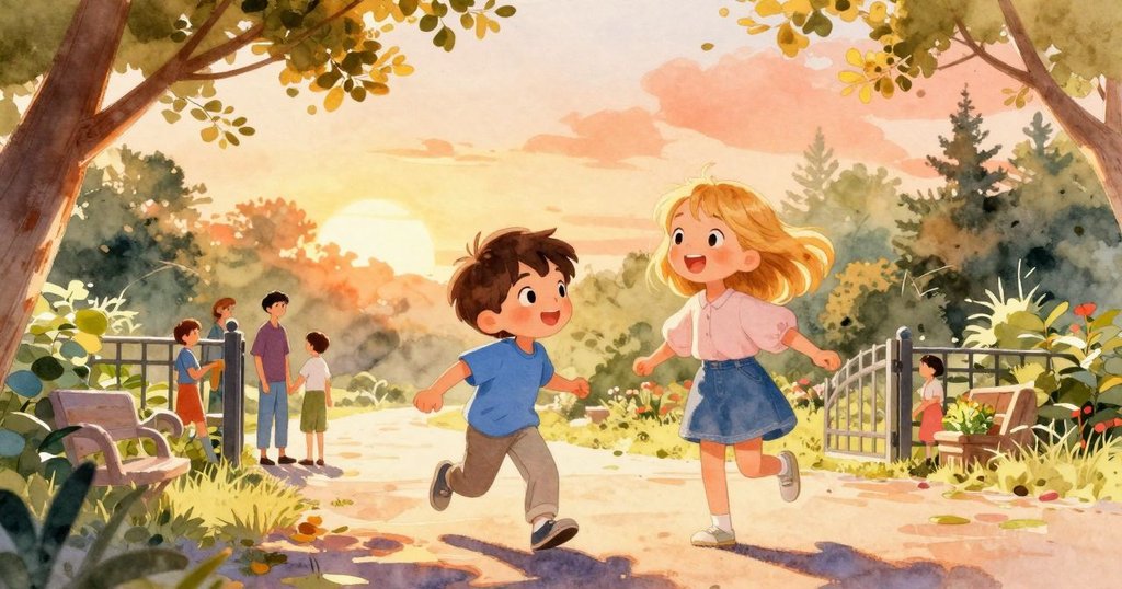 公園中樹葉隨風搖曳，小鳥飛舞，兩位園丁在大門旁低語，陽光舞動，展現故事發展中的寧靜氛圍