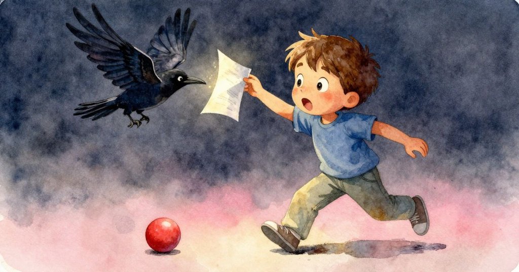 烏鴉因白紙翻動驚起，Wade露出驚訝表情，紅球滾動瞬間展現出故事高潮的緊張局面