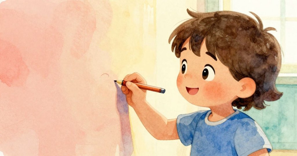 史黛拉伸手靠近牆上淡淡鉛筆痕跡，特寫牆面質感與手部動作，溫柔光線下充滿好奇