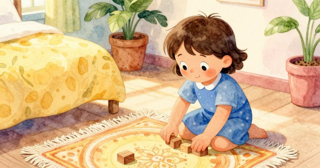 從高處俯瞰史黛拉在地毯旁細看木塊上細微印痕及飄浮塵埃，眼神中展現思索與好奇