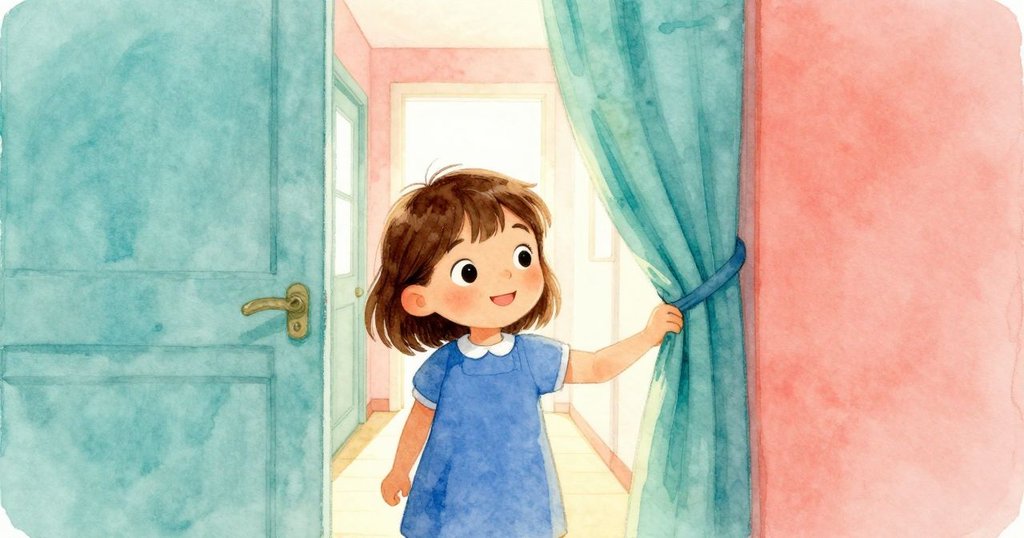 史黛拉拉開窗簾，聽見走廊中溫暖呼喚，室內外光影交錯帶來舒適轉換，展露期待神情