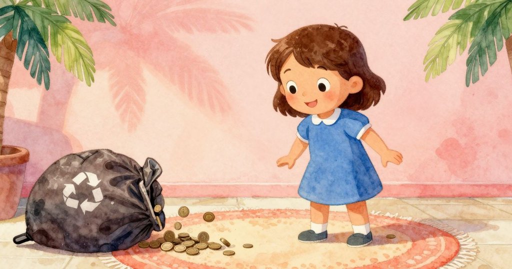 史黛拉專注注視著滾動硬幣與回收袋旁的地毯細節，室內輕柔陰影和塵埃營造出靜謐緊張氛圍