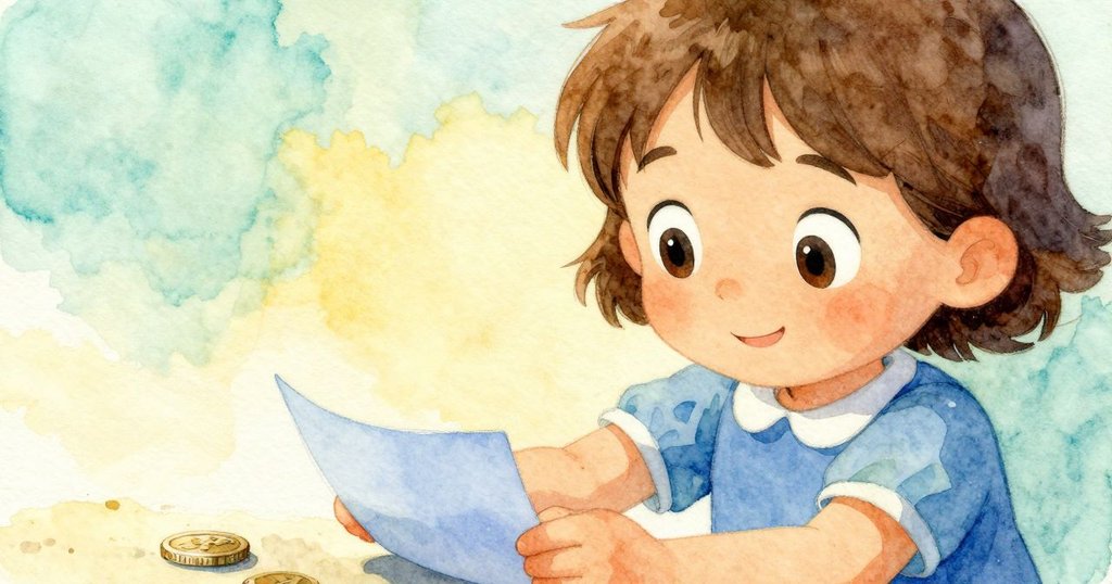 史黛拉溫柔地伸手拾起藍色紙張，凝視旋轉硬幣，臉上流露出平靜與滿足，室內光線柔和告別情景