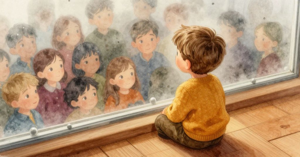 克莱德在雨天中從上方按著玻璃上的珠子,玻璃上留有柔和灰光和木質窗台,呈現平靜氛圍的開始