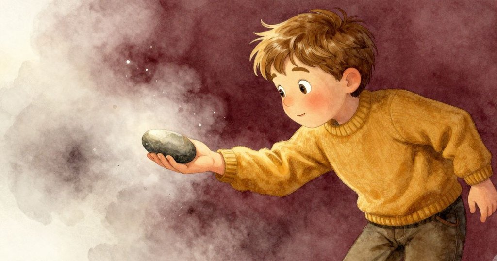 克莱德以傾斜角度釋放光滑石頭,玻璃上塵埃旋轉飛舞,展現轉折時動態與藝術感