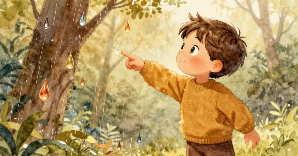 克莱德興奮地向下指著玻璃上奔馳的雨滴,低角度動感畫面充滿活力,推動冒險情緒