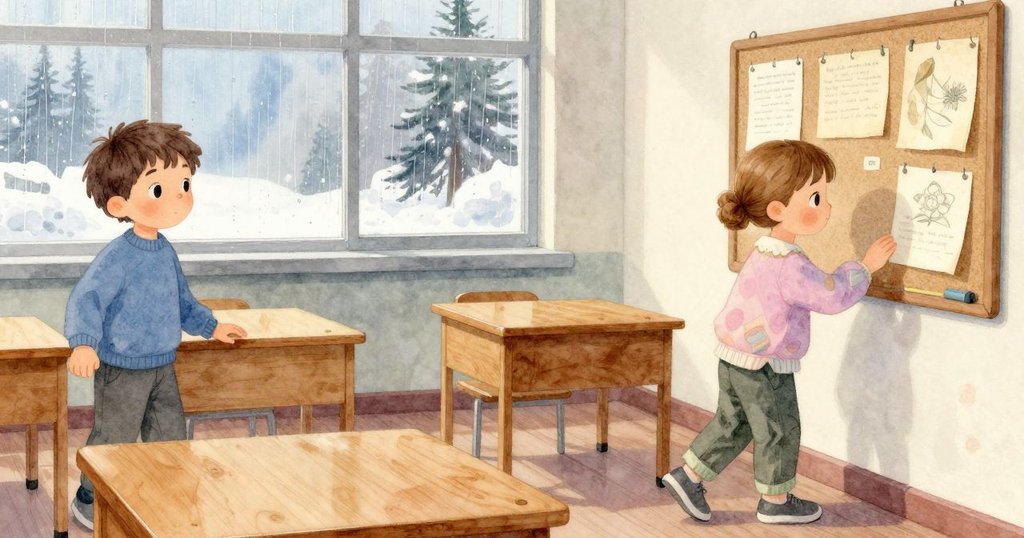 尼爾斯站在教室內接近桌子，老師在整理文件，背景有老海報和雨滴打窗，充滿溫暖清晨氛圍