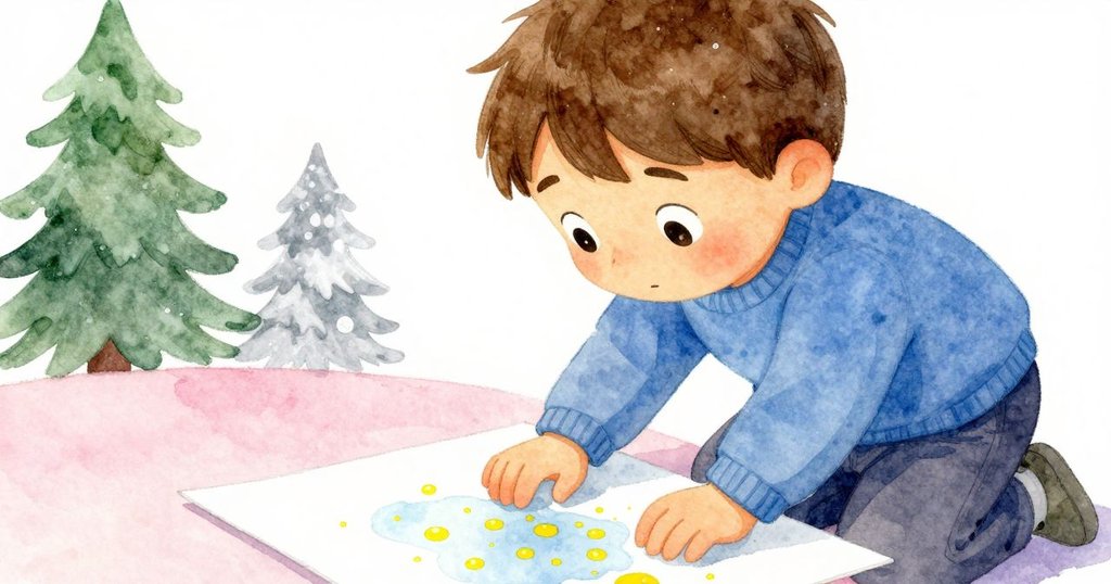 尼爾斯凝視濕潤的油漆紙，眼中滿是驚奇，桌上的油漆點閃著亮黃色光芒，細膩溫柔的特寫畫面