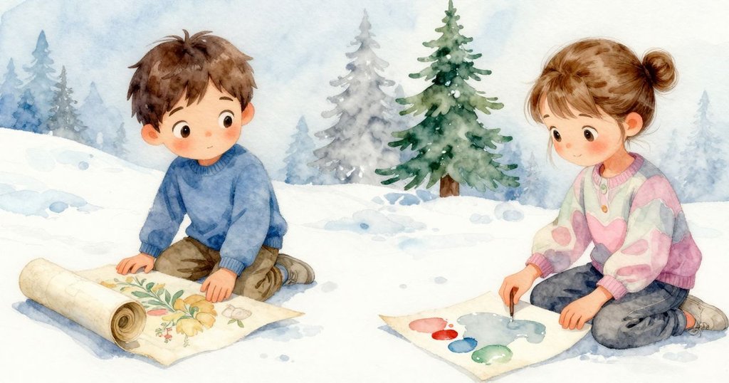 左側展示捲曲的舊海報隱藏的兔子圖案，右側呈現閃亮油漆紙，尼爾斯與老師分別見證過去與當下的故事