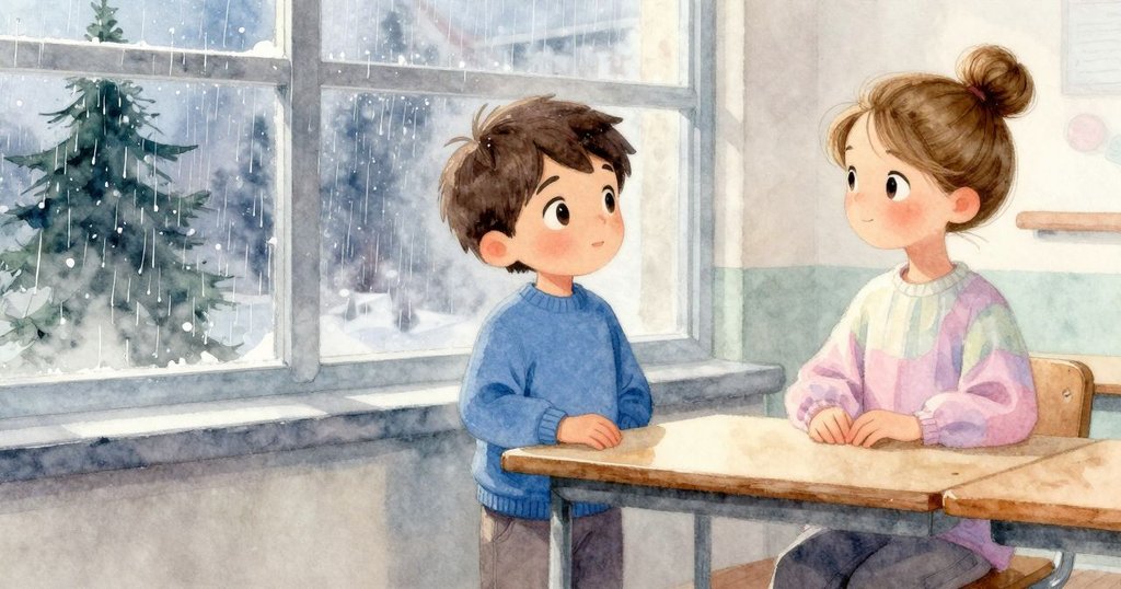 雨滴敲打高窗，桌上塵埃與粉筆塵隨光影變化，尼爾斯與老師靜靜見證時間緩緩流逝的畫面