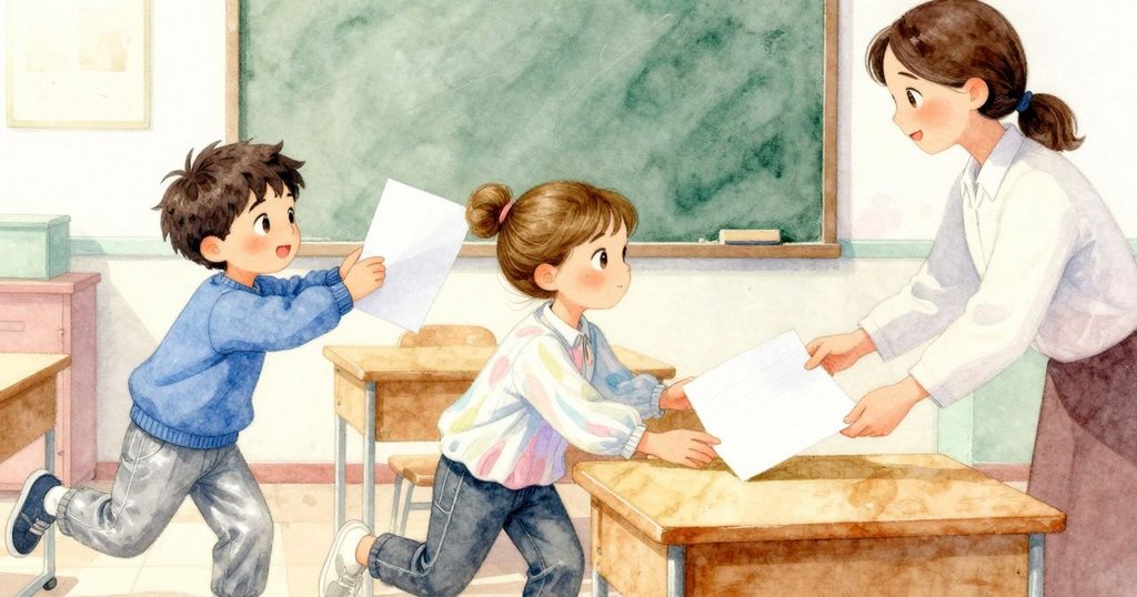 尼爾斯活力展現伸手接過乾淨正方紙，老師溫柔微笑遞給紙，邊緣一滴油漆緩緩停留，充滿創造動感