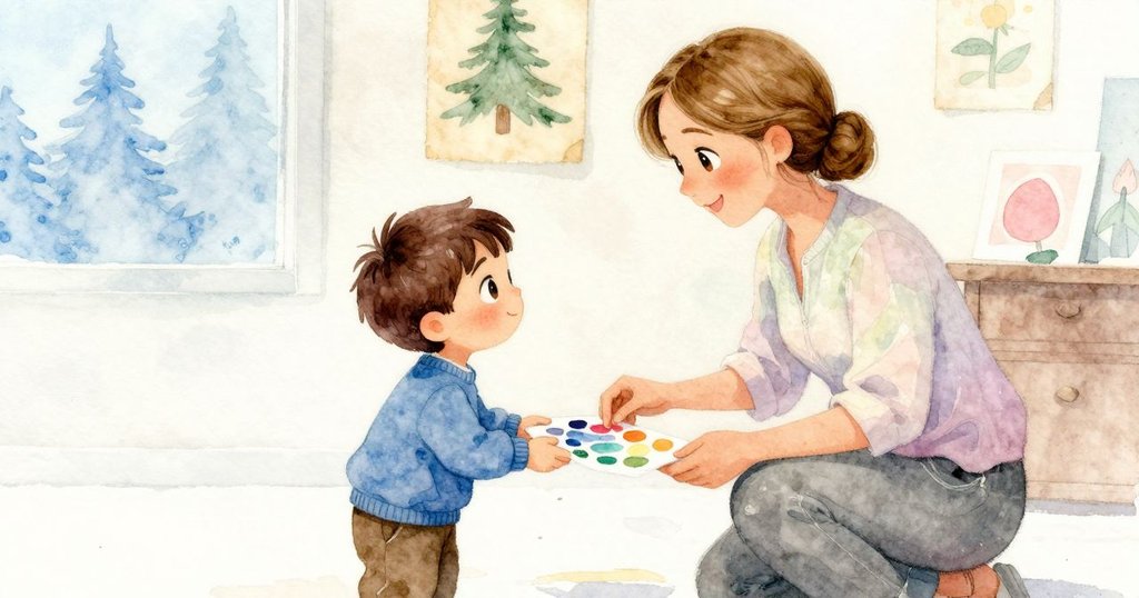 尼爾斯與老師在教室中重新聚首，背景中乾燥油漆紙和舊海報述說時光故事，兩人共享溫柔笑容迎接和平結局