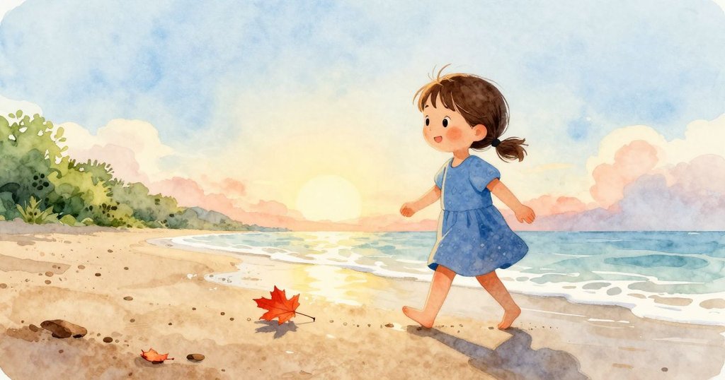 布萊斯在濕滑沙灘上行走,跟隨著紅楓葉的滑動,晨光照耀板道,充滿溫暖和期待。