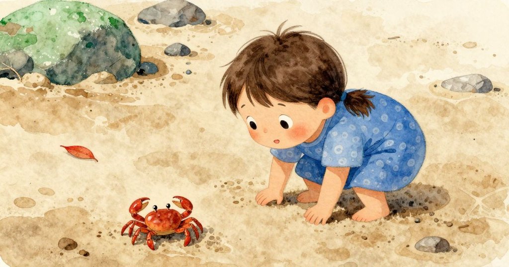 小螃蟹從低角度觀察紅楓葉漂移於濕滑沙石間,場景細膩展現自然生態與動態。