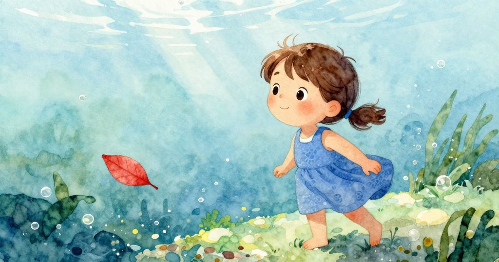 潮汐池中透明水下景象中,紅楓葉與氣泡交織閃爍,呈現寧靜而生動的自然魅力。