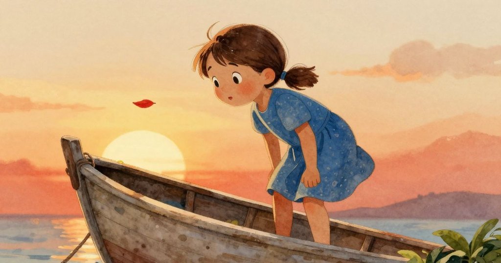 布萊斯彎腰凝視傾斜舟下暗縫,驚奇目光捕捉紅楓葉旋轉,散發著發現自然奧秘的神韻。