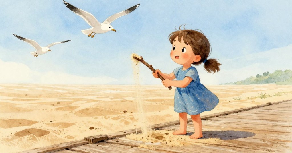 布萊斯在粗糙木質平台上輕拂沙粒,凝視遠方潮線,海鷗飛翔,畫面洋溢沉思與自然和諧之美。