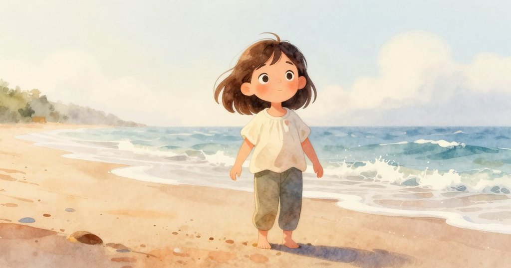 海灘上Hedy好奇地向沙地發問,晨霧瀰漫,輕風吹拂,周圍波光粼粼,表情充滿探究與期待。