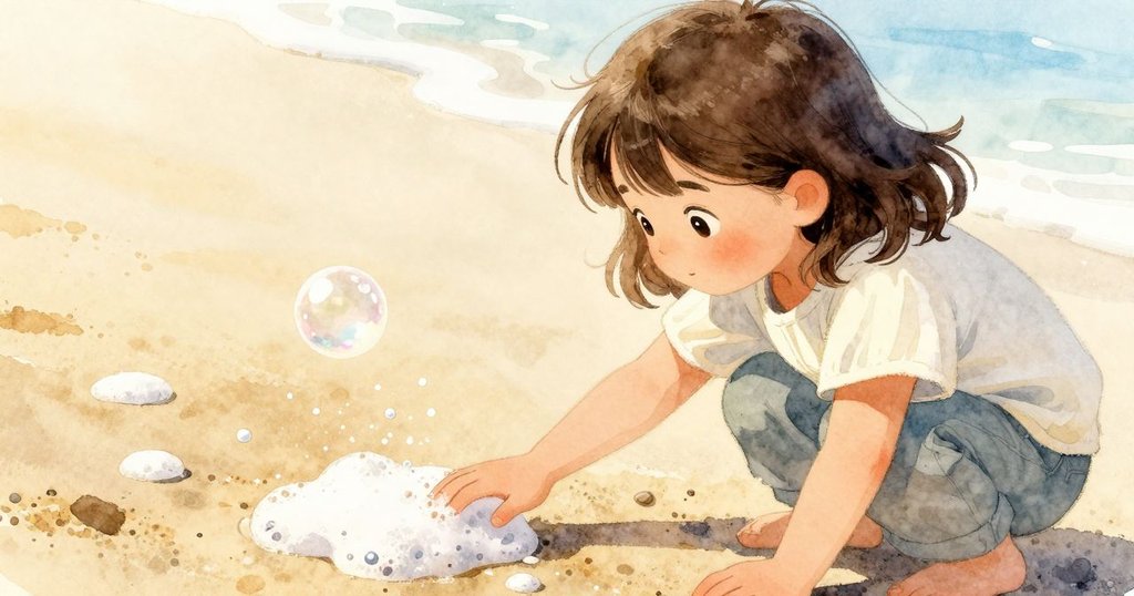 Hedy輕觸沙上泡沫氣泡,氣泡破裂時綻放細小水珠,近距離捕捉瞬間,光線明亮而柔和,呈現動態美感。