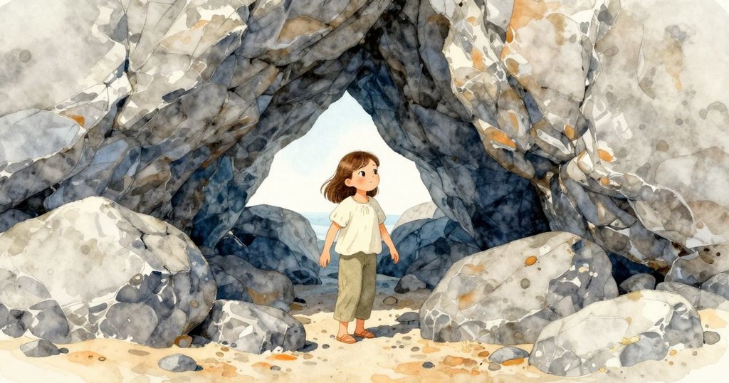 Hedy蹲在岩洞前,以手觸摸洞口邊緣,洞內陰涼與外界明亮形成對比,神秘感十足,充滿探索氣氛。