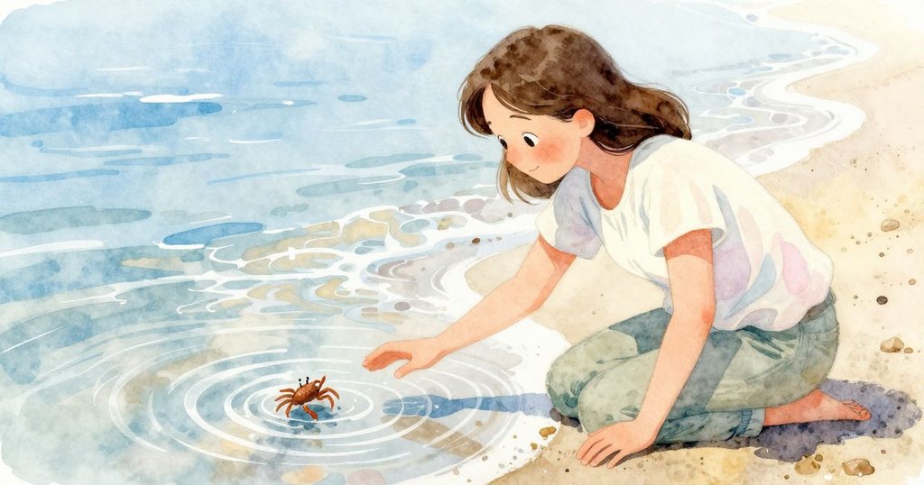 Hedy在潮池邊輕輕觸摸水面,引起層層水波,小蟹迅速橫移,景色明亮而生動,展現海邊互動樂趣。