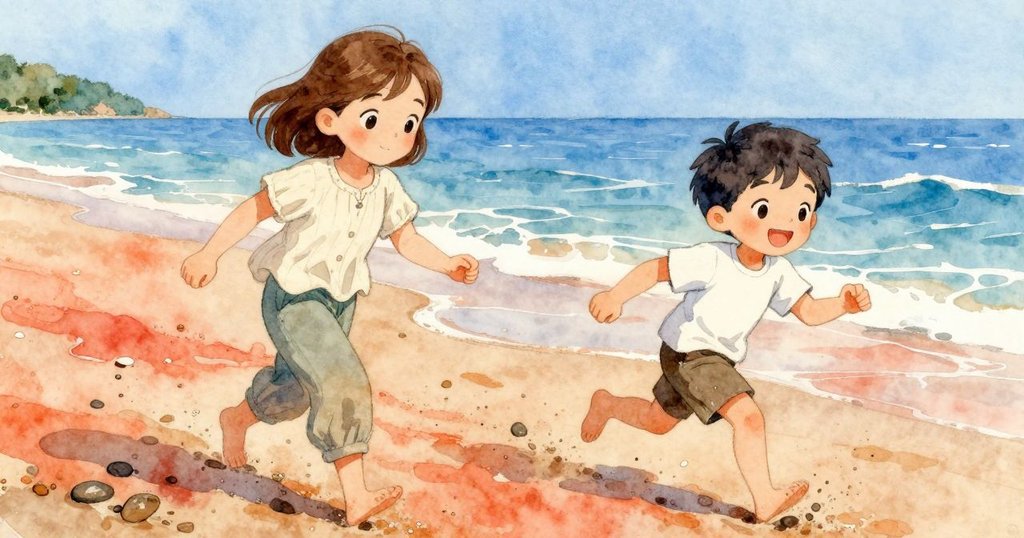 Eli在濕沙上快跑,手持石子敲擊乾板,笑聲歡快,動態場景充滿活力,背景中Hedy溫柔注視。