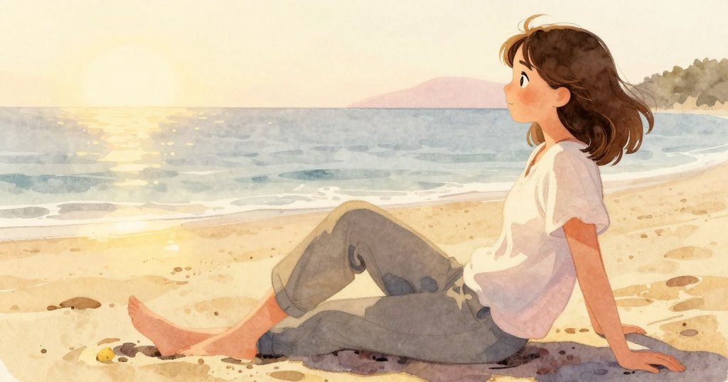 黃昏時Hedy安坐在溫暖沙灘上,靜聽海浪與柔和泡聲,臉上流露出平靜與思索,夕陽金色光輝灑落。