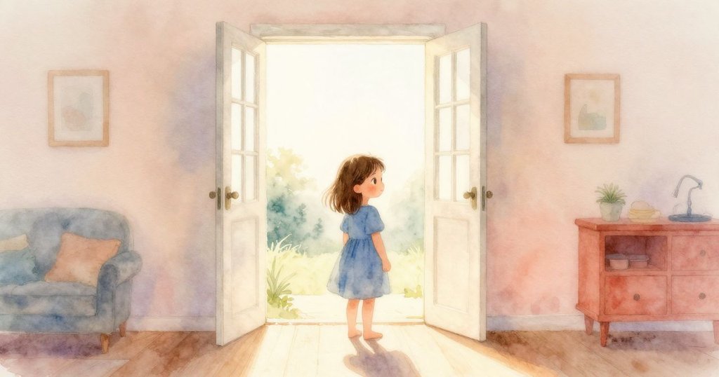 露比坐在鋪著柔軟地毯的室內,晨光從開著的門灑入,周圍擺放著漂浮的洗衣物,呈現寧靜早晨的氛圍