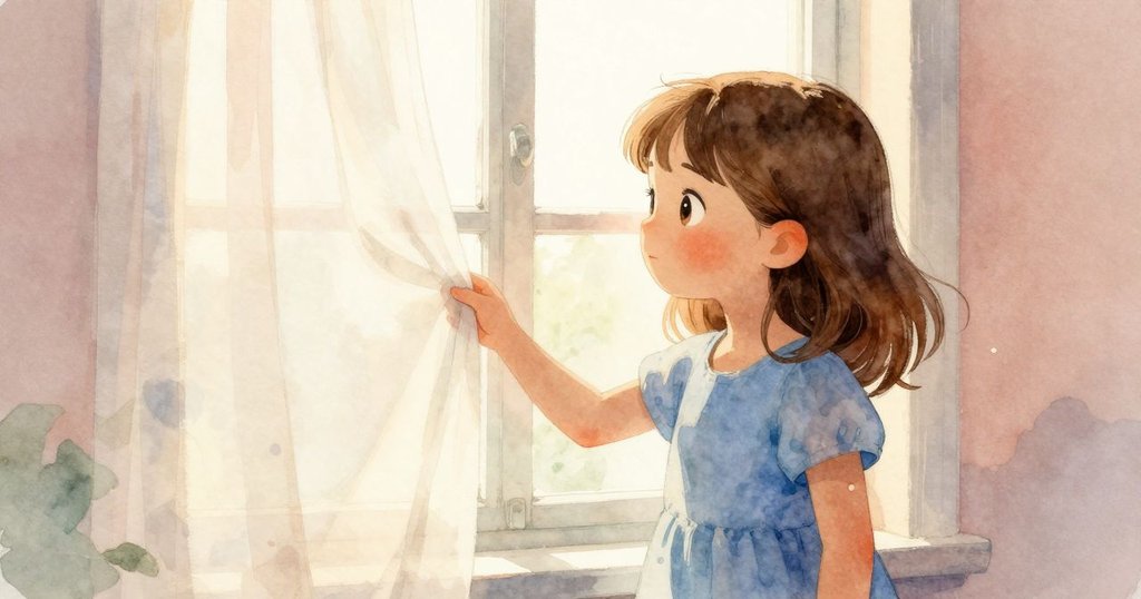 露比站在窗邊,柔和晨光透過玻璃灑進,窗簾輕觸她的手臂,細小塵埃在光中舞動,營造夢幻室內景