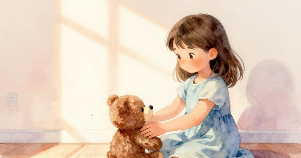 露比在變換光影的房間內,輕拍著布偶,牆上跳動的陰影顯示著時間流逝,氛圍溫馨而充滿魔力