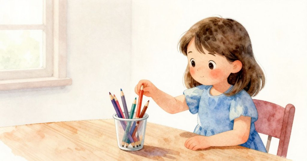 露比輕輕推動鉛筆杯,隨後鉛筆跳動排列,畫面充滿生動色彩與溫暖光線,呈現選擇瞬間的詩意