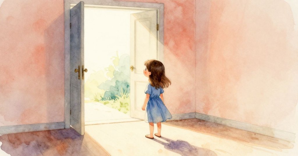 露比背對觀眾,輕按木塊,柔和光線從門口蔓延至床邊,象徵著新開始和充滿希望的未來