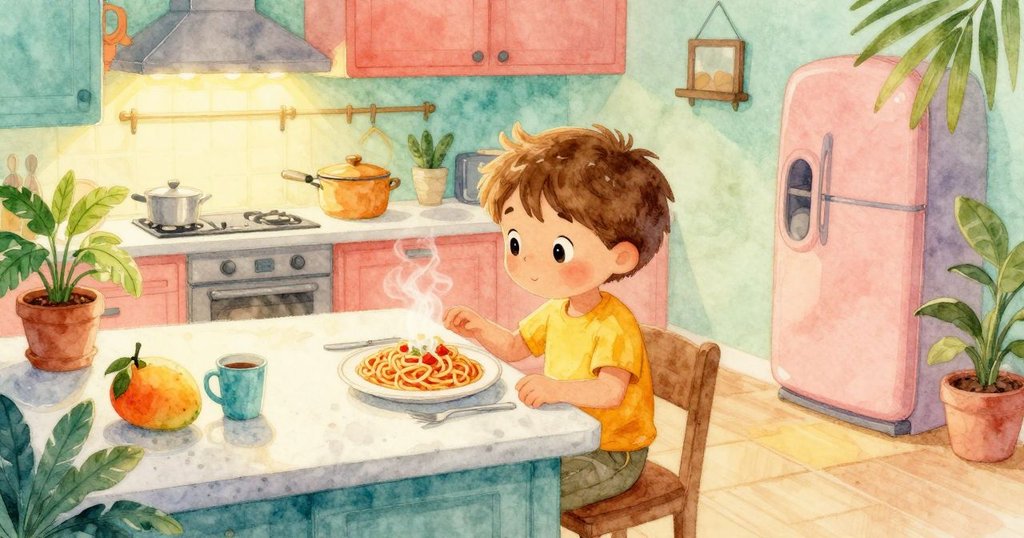 小孩安靜坐在溫暖廚房裡凝視著冒蒸氣的義大利麵盤，氛圍柔和，故事剛開始展開